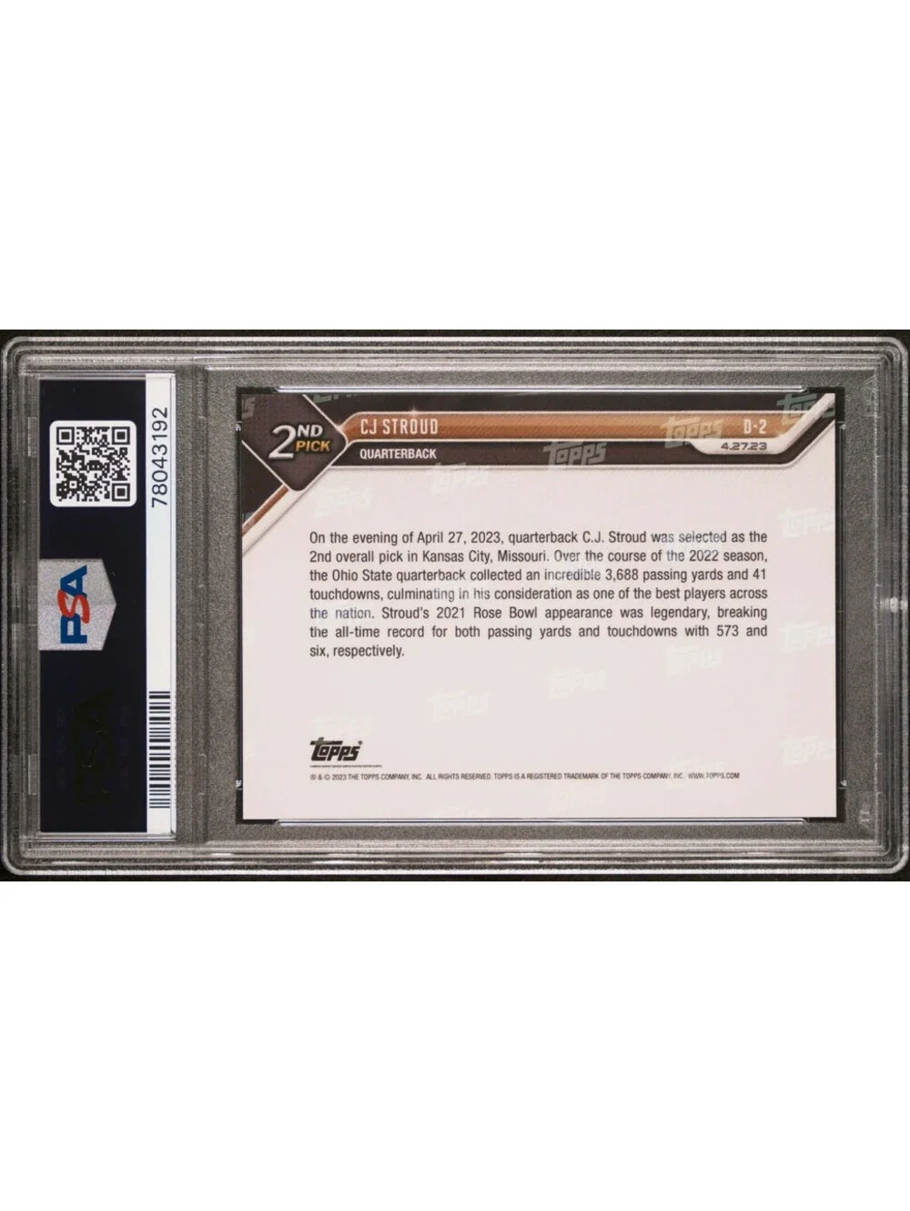 2023 Topps Now Draft CJ Stroud #D-2 Rookie Card (RC) Texans PSA 10